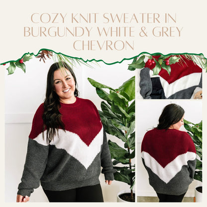 Cozy Knit Sweater In Burgundy White & Grey Chevron