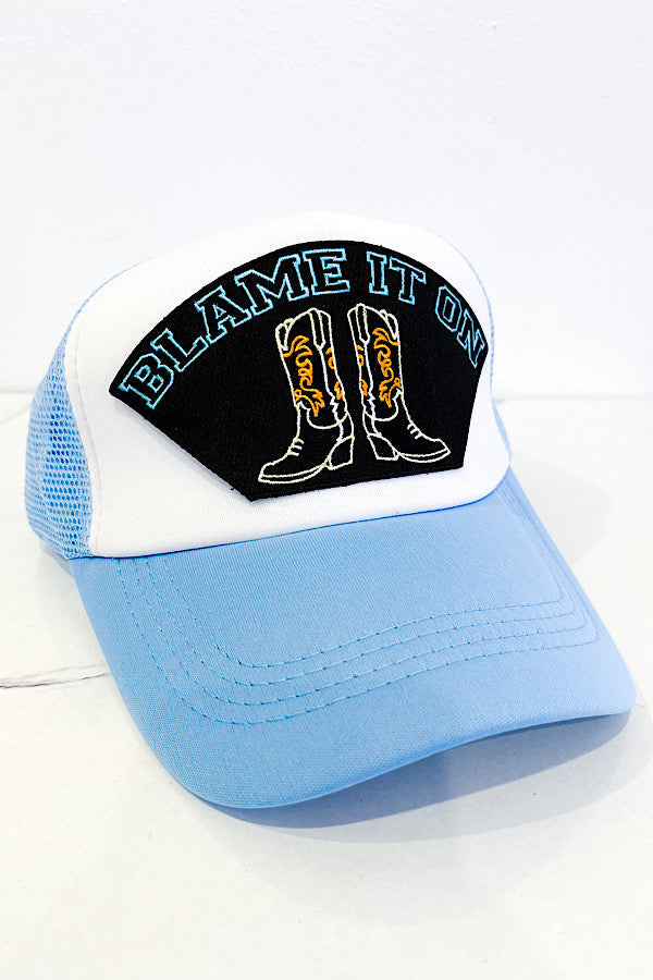 Blame It On Boots Blue Trucker Hat