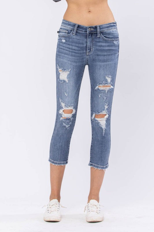 Judy Blue Mid-Rise Destroyed Denim Capri