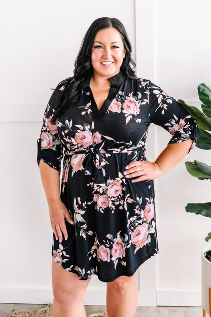 Floral Gabby Dress With Tie Belt In Black