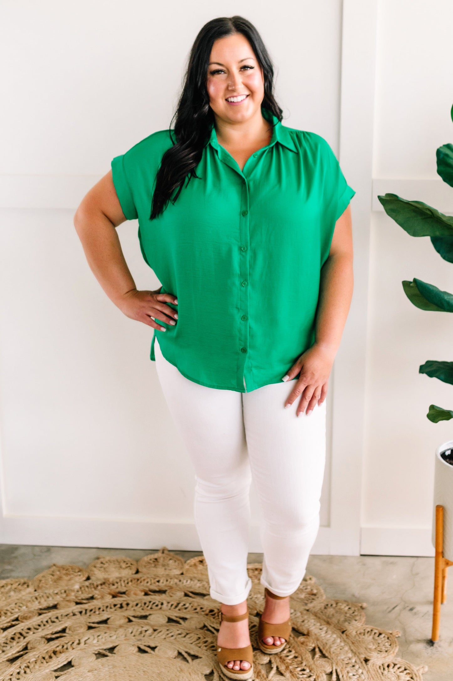 Silky Button Front Blouse In Emerald Green