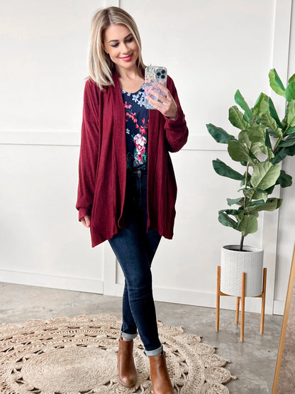 Cashmere Soft Open Front Cardigan With Pockets In Deep Heathered Burgundy