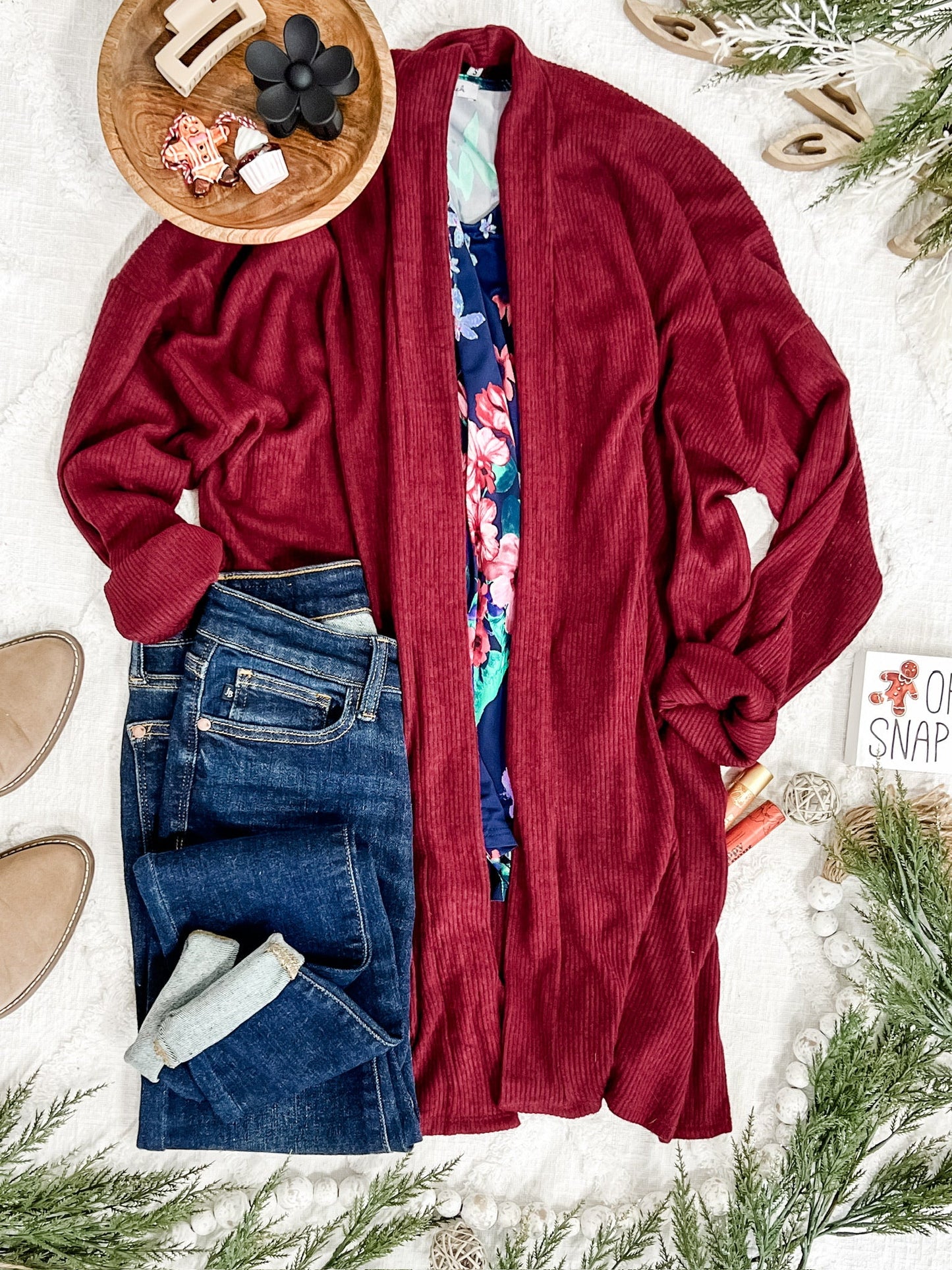 Cashmere Soft Open Front Cardigan With Pockets In Deep Heathered Burgundy