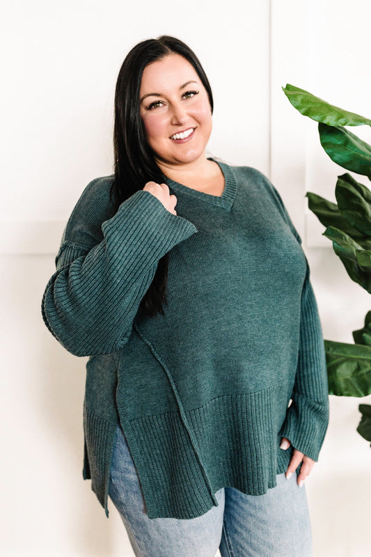 V Neck Knit Sweater In Dusty Teal