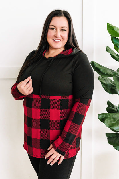 Color Block Hoodie In Red & Black Plaid